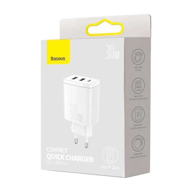 СЗУ-адаптер Baseus Compact 30W QC + PD (2USB / 1Type-C) (Белый) CCXJ-E02